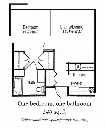 Floor plan for 1 bed, 1 bath, 535 sqft
